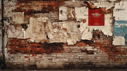 A cracked and peeling brick wall with remnants of old posters and signs, giving it an abandoned look