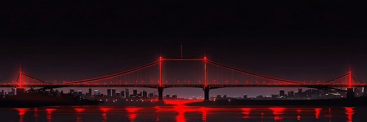 Redlit suspension bridge in city skyline reflecting water. Perfect for travel brochures, urban landscapes, architecture websites, and citythemed designs.
