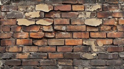 Obraz premium A detailed view of an old, distressed brick wall with visible mortar lines and worn-out edges, creating a rugged look