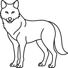 Wolf outline illustration or sketch or line art, howling with its head tilted upward, drawn in a simple and bold style on a white background.