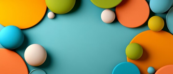 Playful Geometry, Colorful abstract circles and spheres on a teal background, Modern design elements.