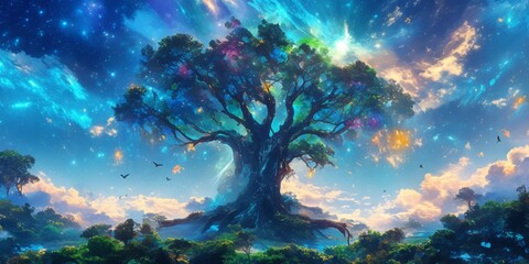 Cosmic Tree of Life: Mesmerizing 3D Fusion of Abstract Gigantic Tree and Psychedelic Colorful Galaxy. Ethereal Purple Illumination Symbolizing Cultural Beliefs, Creativity, and Universal Connection. P