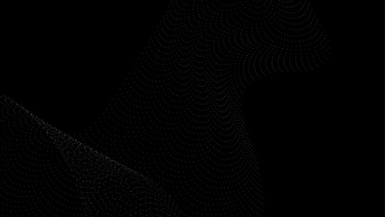 Flowing dots particles wave pattern 3D curve halftone gradient curve shape isolated on black background. Vector in the concept of technology, science, music, modern, cover, poster, flyer, card, web.