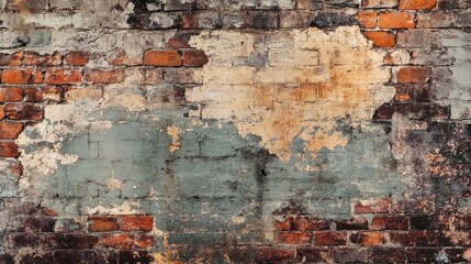 A rustic, aged brick wall with uneven, crumbling edges and visible signs of decay, creating a textured background