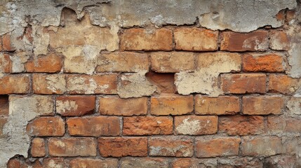 A rustic, aged brick wall with uneven, crumbling edges and visible signs of decay, creating a textured background