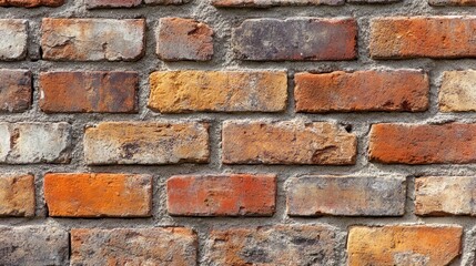Fototapeta premium A rustic brick wall with a mix of red, brown, and orange bricks, showing the effects of time and weathering