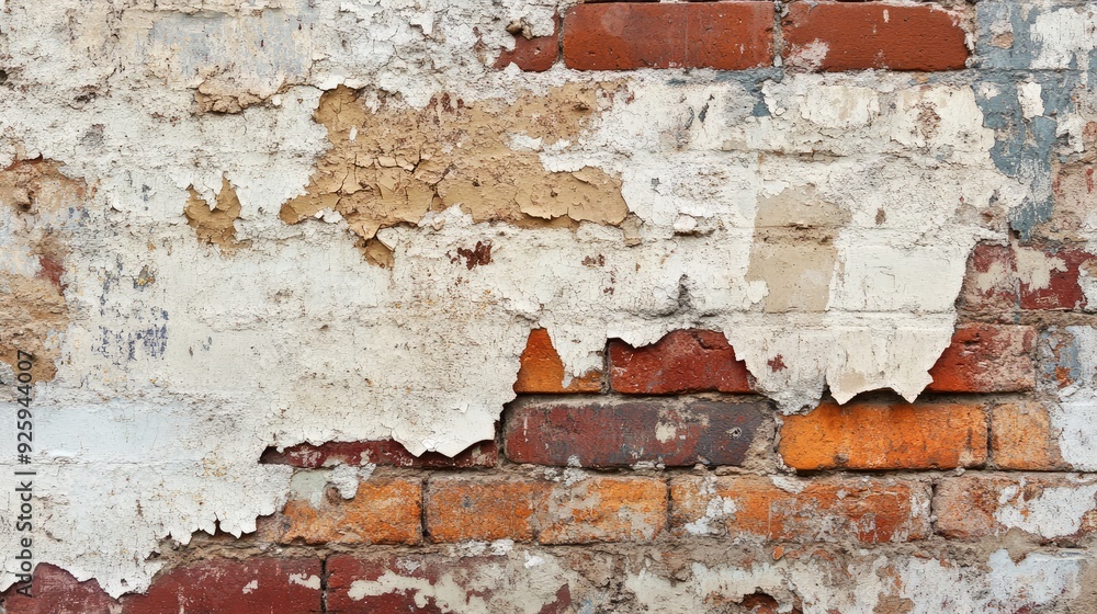 Poster a rustic brick wall with layers of flaking paint, revealing the original bricks beneath and adding d