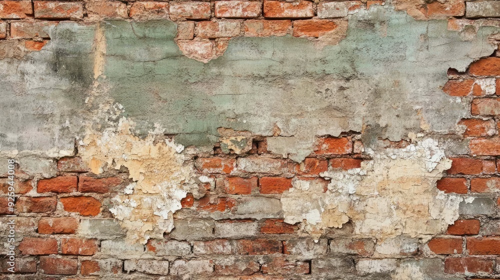 Poster a rustic brick wall with layers of flaking paint, revealing the original bricks beneath and adding d