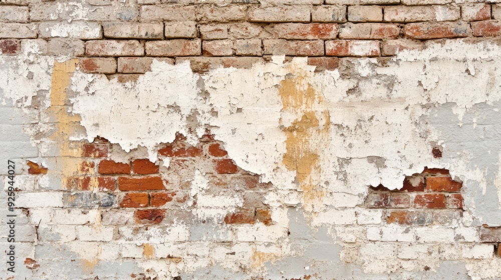 Poster a rustic brick wall with layers of flaking paint, revealing the original bricks beneath and adding d