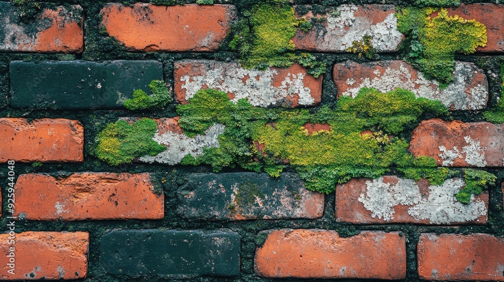 Aufkleber a rustic brick wall with patches of lichen and moss, adding an element of nature and age to the stru