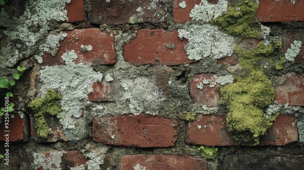 Aufkleber a rustic brick wall with patches of lichen and moss, adding an element of nature and age to the stru
