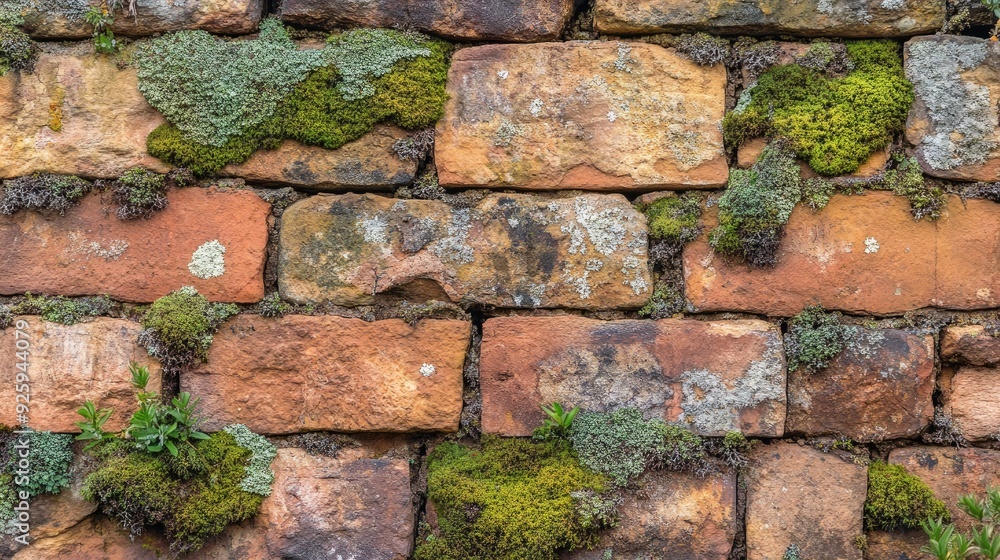 Poster a rustic brick wall with patches of lichen and moss, adding an element of nature and age to the stru