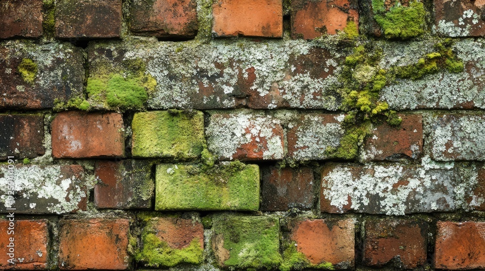 Aufkleber a rustic brick wall with patches of lichen and moss, adding an element of nature and age to the stru