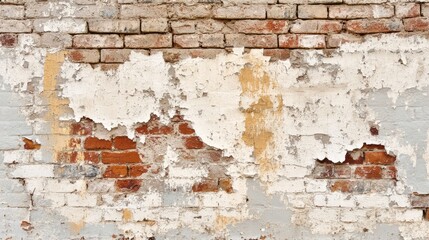 A rustic brick wall with layers of flaking paint, revealing the original bricks beneath and adding depth