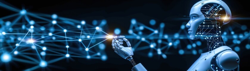 Obraz premium A futuristic robot interacts with a digital network, showcasing artificial intelligence and technological advancements in a connected world.