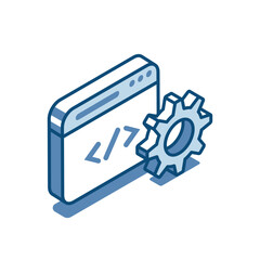 isometric vector window with program code and gear linear icon, in color color on a white background, seo or web development