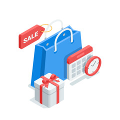 isometric vector shopping bag and clock with calendar and gift, in color on a white background, shopping or sale time