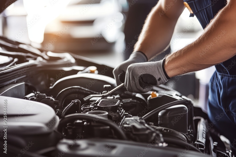 Poster close up of mechanic hands working on a car engine in a garage against a white background. the man i