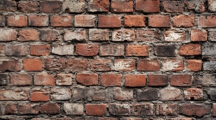 A rustic brick wall with visible wear and tear, including chipped bricks and mortar, creating a rugged appearance