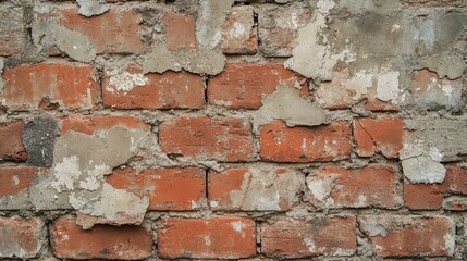 Obraz premium A rustic brick wall with visible wear and tear, including chipped bricks and mortar, creating a rugged appearance