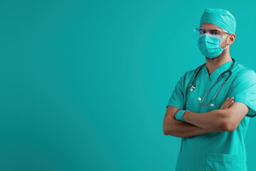 Healthcare professional in scrubs with stethoscope, wearing mask and gloves, standing confidently against a teal background.