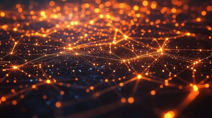 Network of Connections: Abstract background with glowing orange lines and points, forming a dynamic network, symbolizes interconnectedness, communication, and digital technology.  