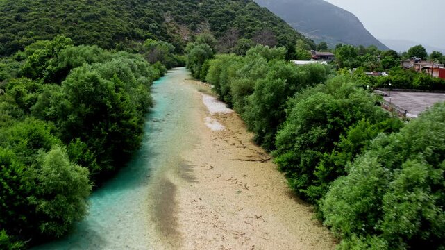 Aerial drone shot of the river at the Acheron Canyon in Greece.