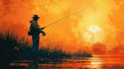 a fisherman holds a fishing rod and fishing line on the lake.