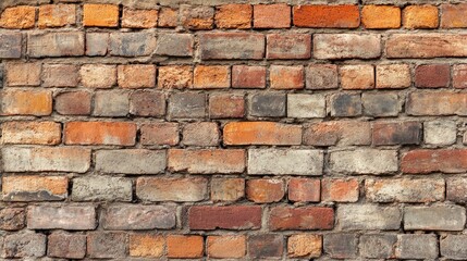 Obraz premium A vintage brick wall with a mix of red, brown, and orange bricks, weathered and worn by time