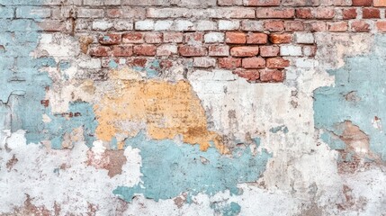 A vintage brick wall with sections of flaking paint and exposed bricks, creating a distressed and aged appearance