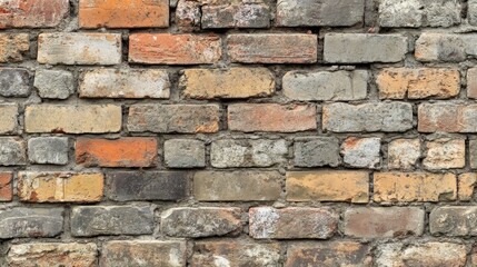 Fototapeta premium A weathered brick wall with a mix of discolored bricks, showing the effects of age and exposure to the elements