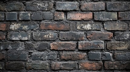 Obraz premium A weathered brick wall with exposed, rough surfaces and darkened spots from years of exposure to the elements -