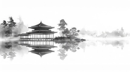 Obraz premium Sumi-e ink painting capturing the serene beauty of a traditional Japanese
