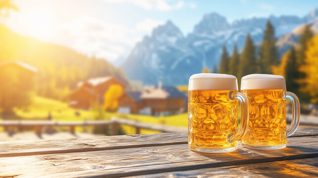 Zwei Kr&uuml;ge mit frischem Bier in den Bergen