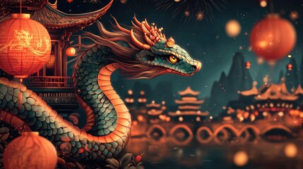 Obraz premium Fantasy Chinese Dragon Festival at Night with Lanterns and Fireworks in Traditional Oriental Setting