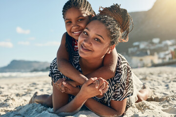 Family, mother and child hug with portrait on beach for love, happiness and vacation in Miami by...