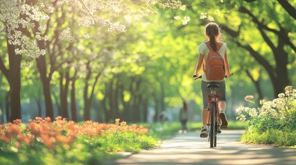 Obraz premium Girl Riding Bicycle on Sunny Spring Day Through Blossoming Park Path