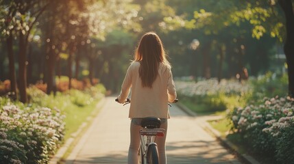Naklejka premium Woman Cycling in Sunlit Park Surrounded by Greenery and Blooming Flowers
