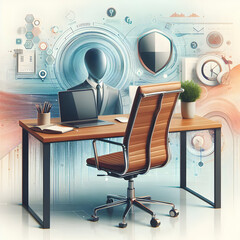 Modern home office desk with abstract digital art background - Stock photo concept