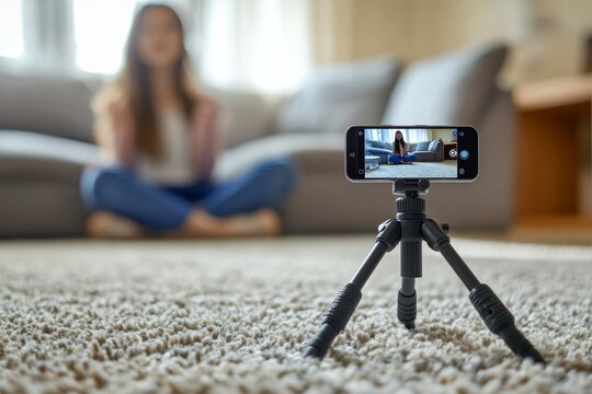 Closeup smartphone on tripod in modern house recording teenage girl for social media broadcast