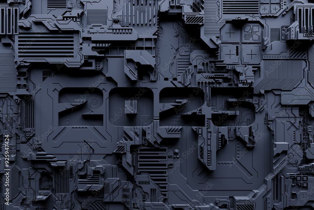 Poster 3d illustration futuristic tech postcard with the year 2025 on the background of a metallic, technol