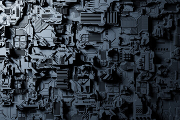 Detail of a futuristic  machine. 3D illustration of a futuristic wall made of various details. Cyberpunk background. Industrial wallpaper. Grunge details