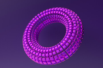 Futuristic neon colorful torus donut. 3D rendering,  torus geometry shape in   purple background