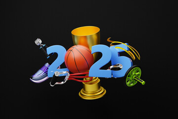 Greeting Christmas card with inscription 2025 and basketball and sports equipment on black   isolated background. Concept of new year and Christmas in sports sphere.