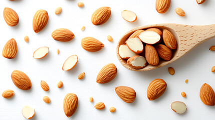 A spoonful of almonds is shown with a pile of almonds on a white background