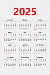 Classic white   and red monthly calendar for 2025 in vertical format. Minimalist square calendar.