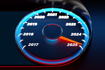 3D illustration close up black speedometer with cutoffs 2024,2025 . The concept of the new year and Christmas in the automotive field. Counting months, time until the new year.