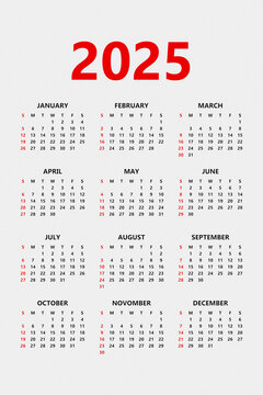 Classic white   and red monthly calendar for 2025 in vertical format. Minimalist square calendar.