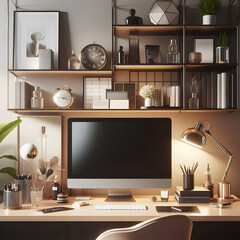 Stylish Home Office Desk Setup with Decorative Shelves - Front View