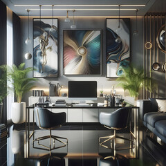 Stylish Home Office Desk with Modern Wall Art - A sleek home office setup with trendy wall decor captured artistically. Perfect for stock photo concepts.